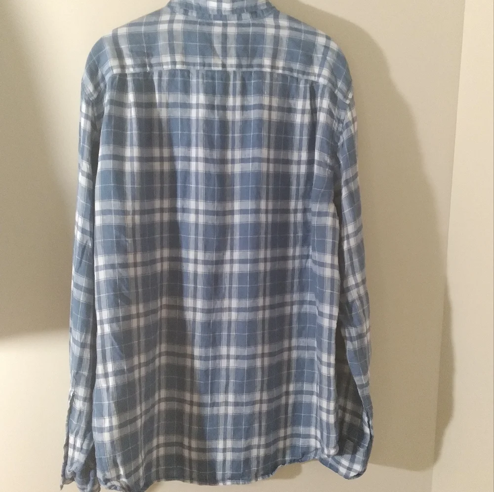 J. Crew Linen Mens Button Down Shirt Blue Plaid Preppy Nautical Summer Large‎